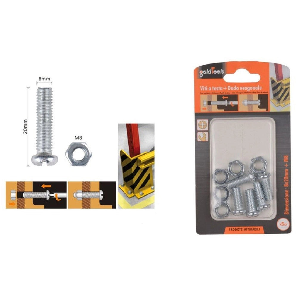 Trade Shop - Set 5 Pz Viti Vite Testa A Croce Tonda 8x20 Mm Con Dadi Dado Esagonale M8 90983 -