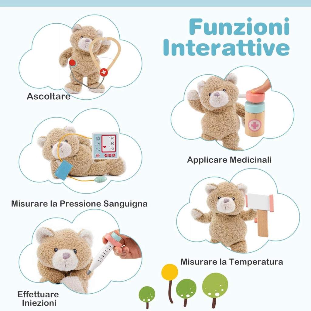 Set da Gioco Dottore in Legno, Centro Medico per Bambini con Orologio, Lavandino, Tabella Oculistica, Monitor ECG, Area Esame e 24 Accessori Giocattolo, 97 × 30,5 × 88 cm (Blu)