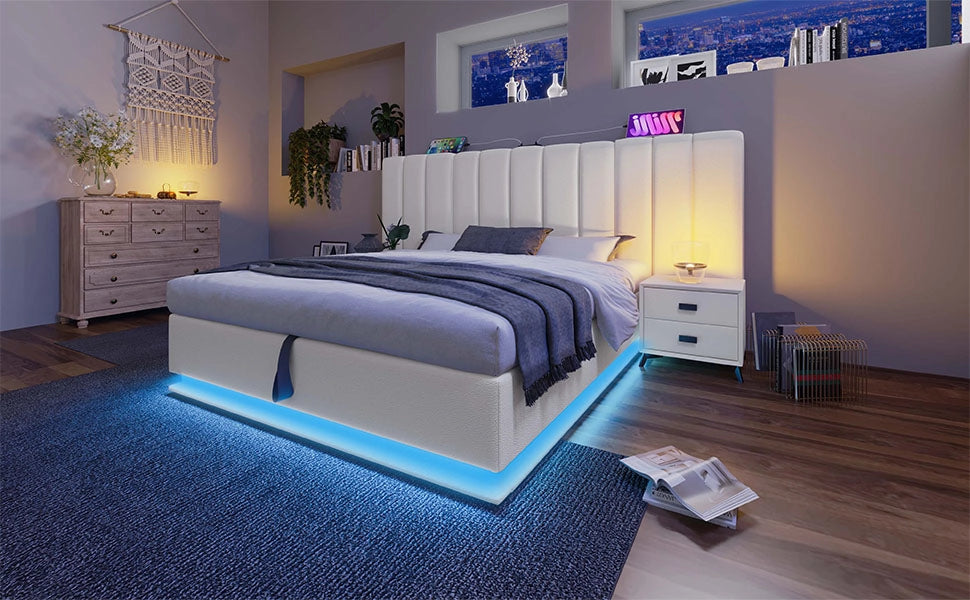 Letto matrimoniale 160x200 con contenitore, LED 360°, USB e USB-C, PU bianco, materasso incluso