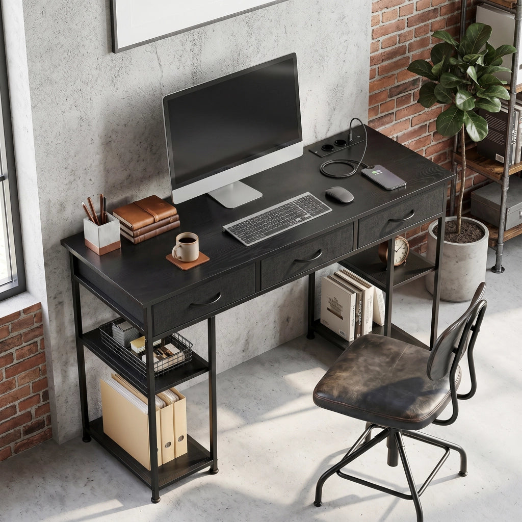 Scrivania con cassetti e ripiani ¨C Xylo ¨C 3 cassetti in tessuto, 4 ripiani, prese elettriche, 120x40x76 cm, nero
