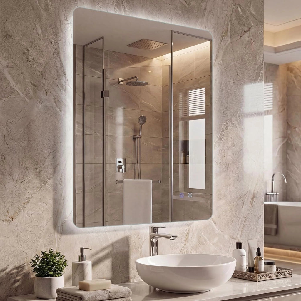 Specchio da Bagno Rettangolare con LED, Specchio da Parete con Luminosità Regolabile, Retroilluminato, Touch Intelligente, Vetro Temperato con Memoria e Anti-Appannamento (80 x 60 x 3 cm)