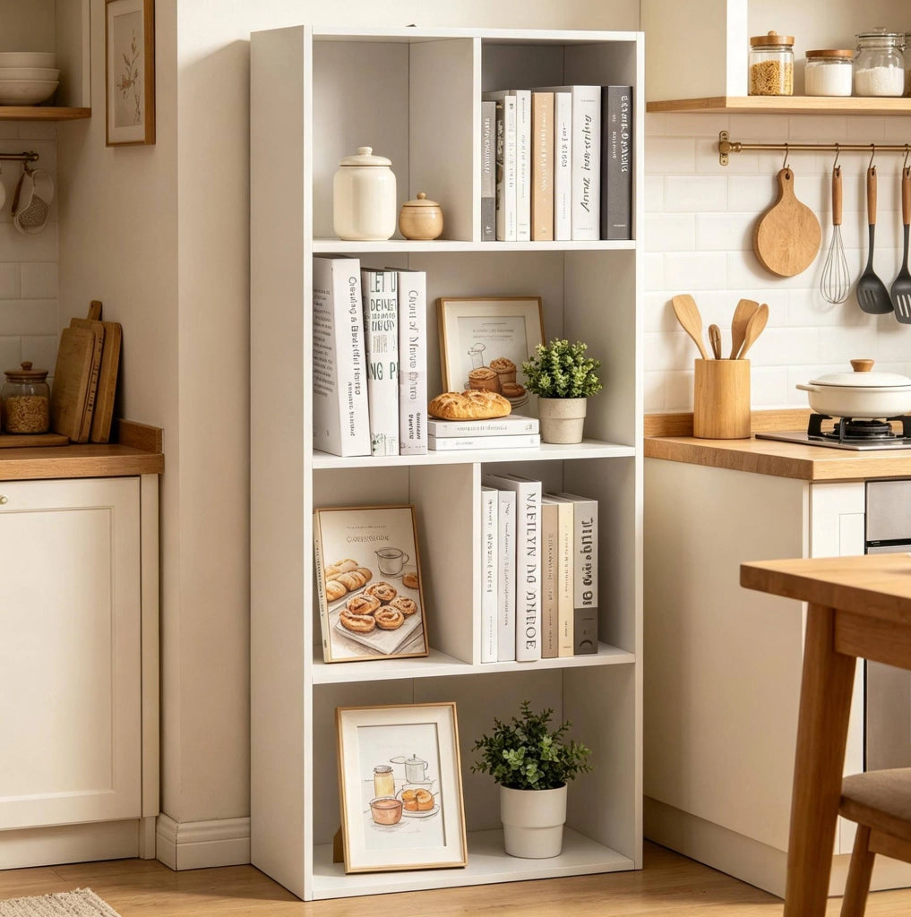 Libreria Moderna in MDF Bianco 50x30x118 cm con 6 Scomparti e Sistema Anti-Ribaltamento