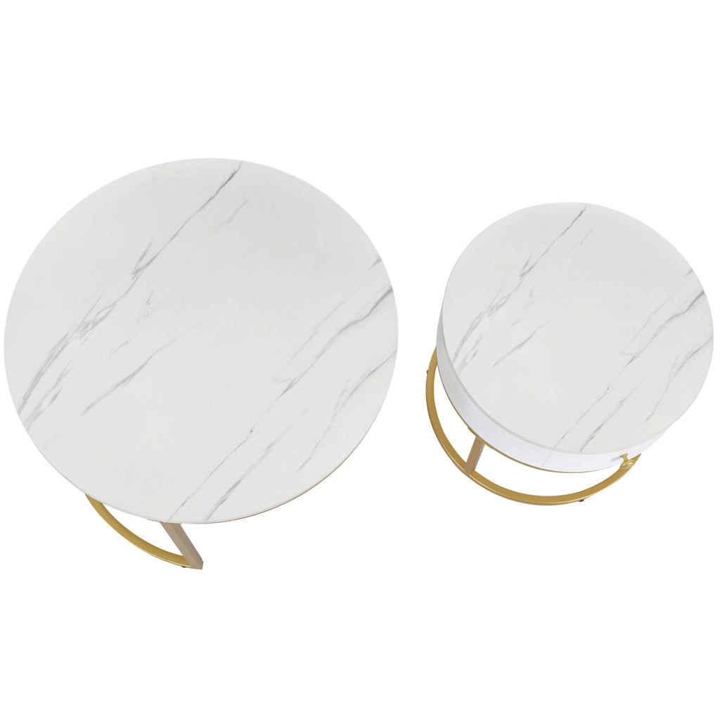 Set 2 tavolini da salotto rotondi impilabili 70/50 cm in MDF bianco lucido effetto marmo