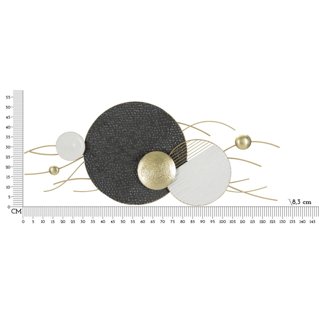 Pannello da parete Boly in ferro con dischi astratti oro, nero e bianco