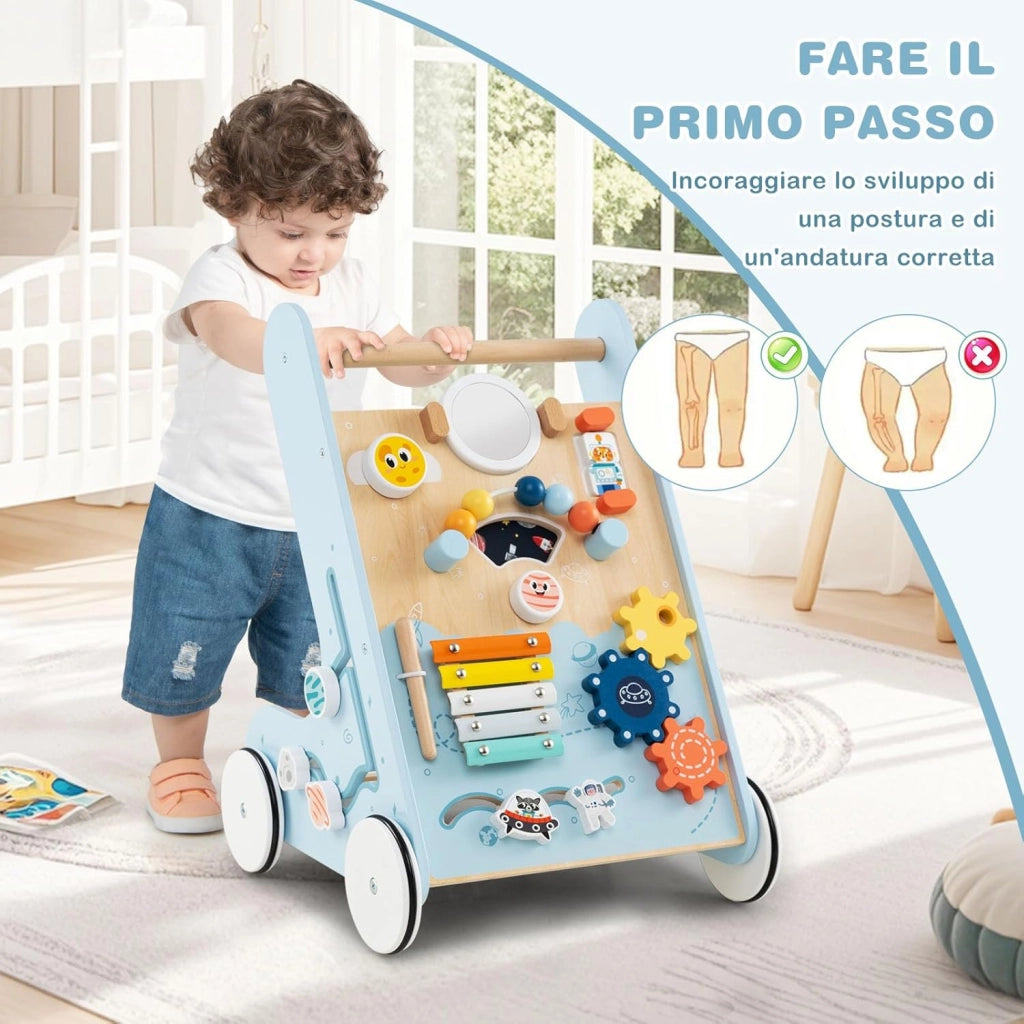 Carrellino Primi Passi 8 in 1, Girello in Legno per Bambini, Giocattolo Montessori, Centro Attività di Apprendimento a Spinta, Giocattolo a Spinta per Bambini di 1+ Anni (Blu)