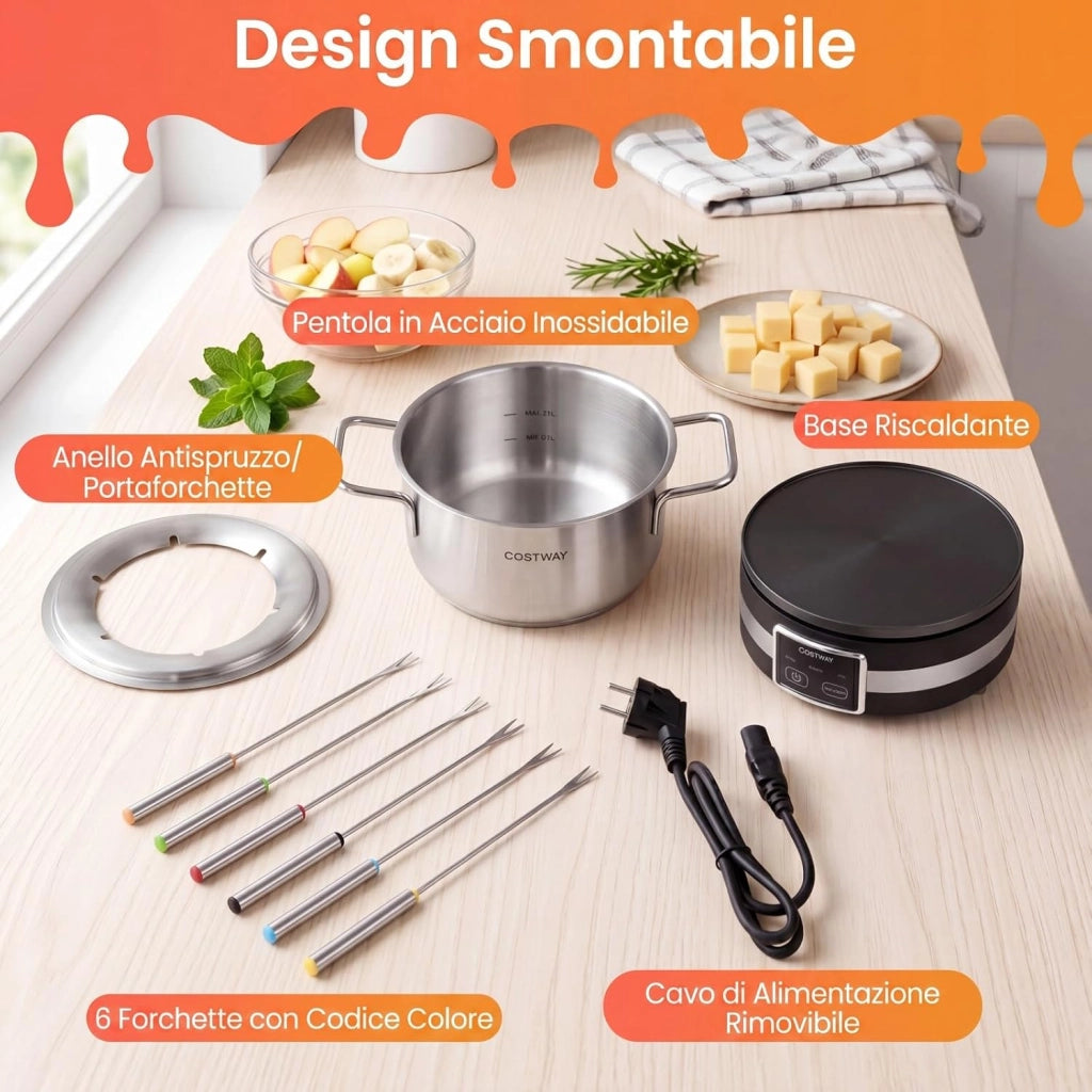 COSTWAY 1200W Set Fonduta Elettrica, in Acciaio Inox con Pentola da 2,3L, Base Riscaldante, 6 Forchette, per Formaggio Cioccolato, Temperatura Regolabile e Protezione dal Surriscaldamento