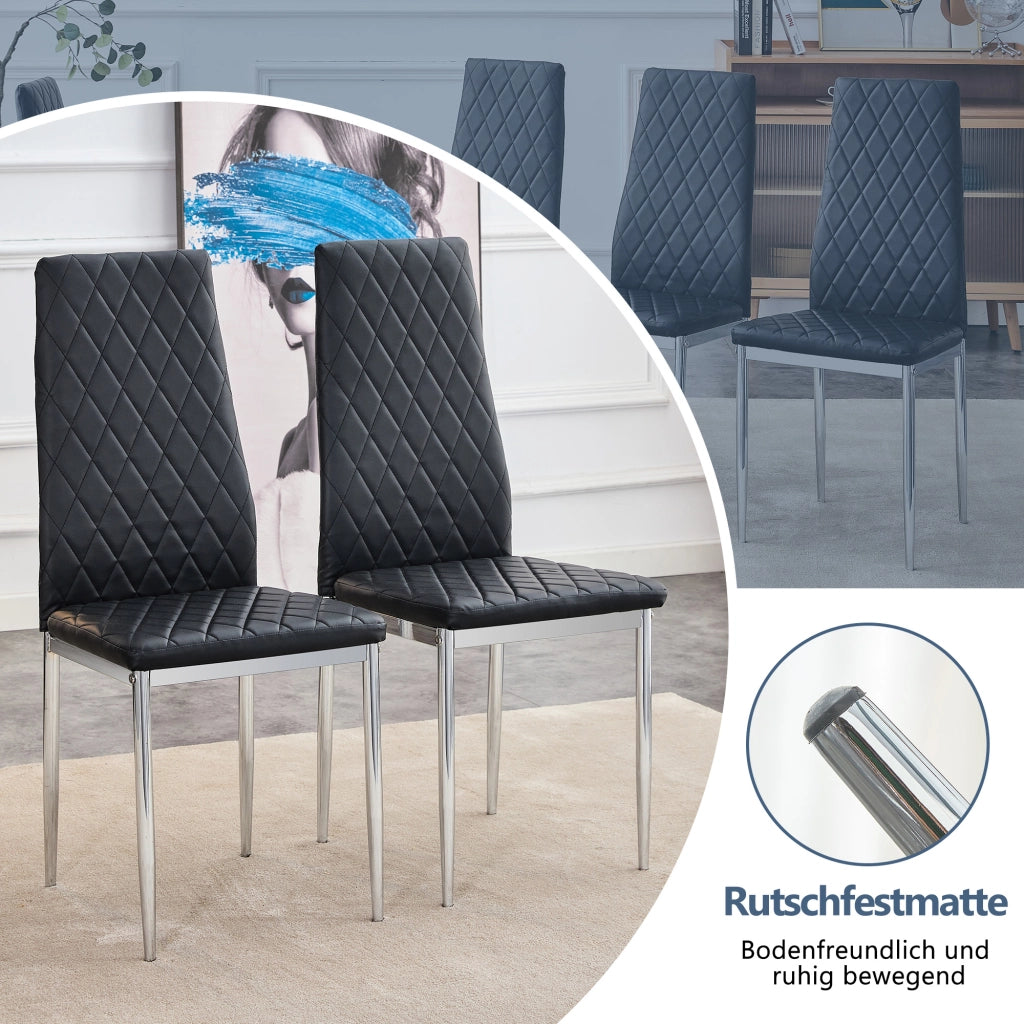 Sedia da Pranzo Set da 4 con Schienale Ergonomico e Gambe in Metallo Cromato, in PU Nero