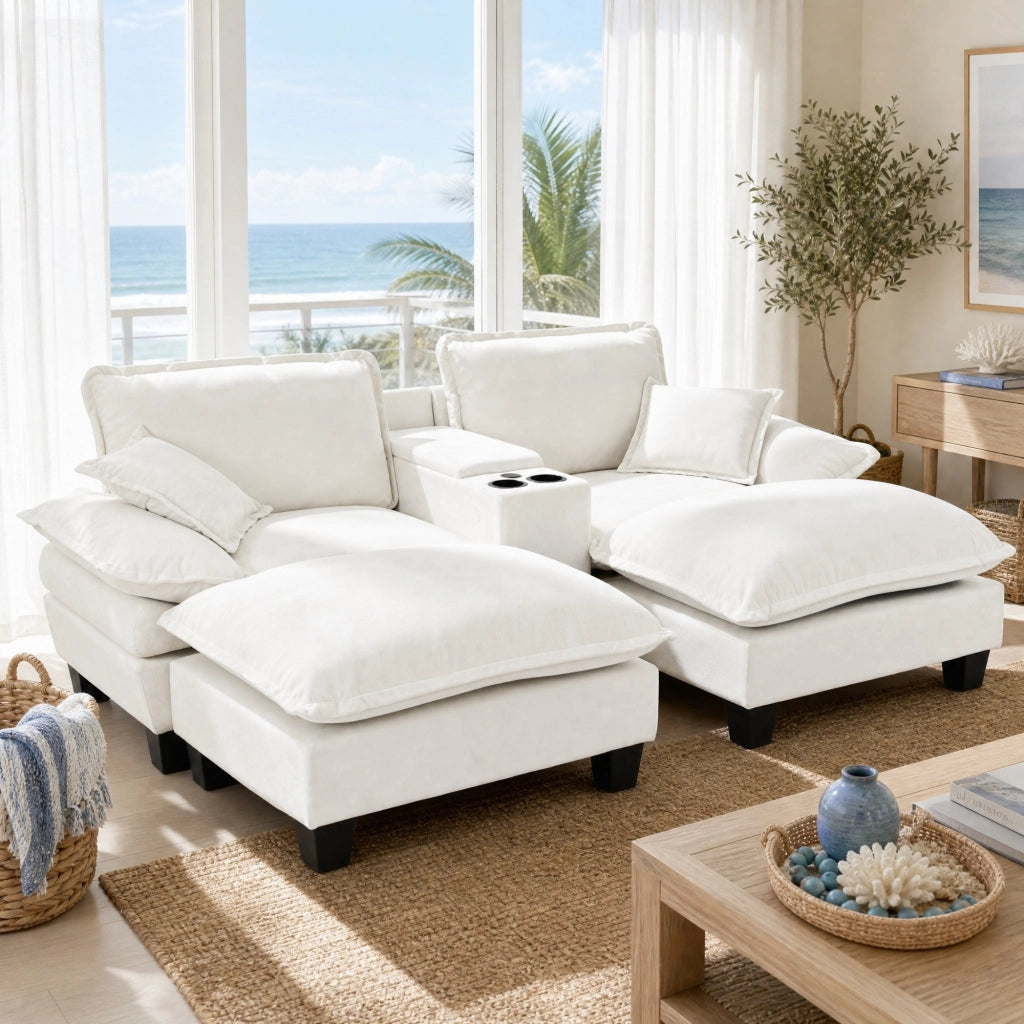 Divano modulare con portabicchieri, vano contenitore e porte USB in chenille beige 224 × 151 × 90 cm