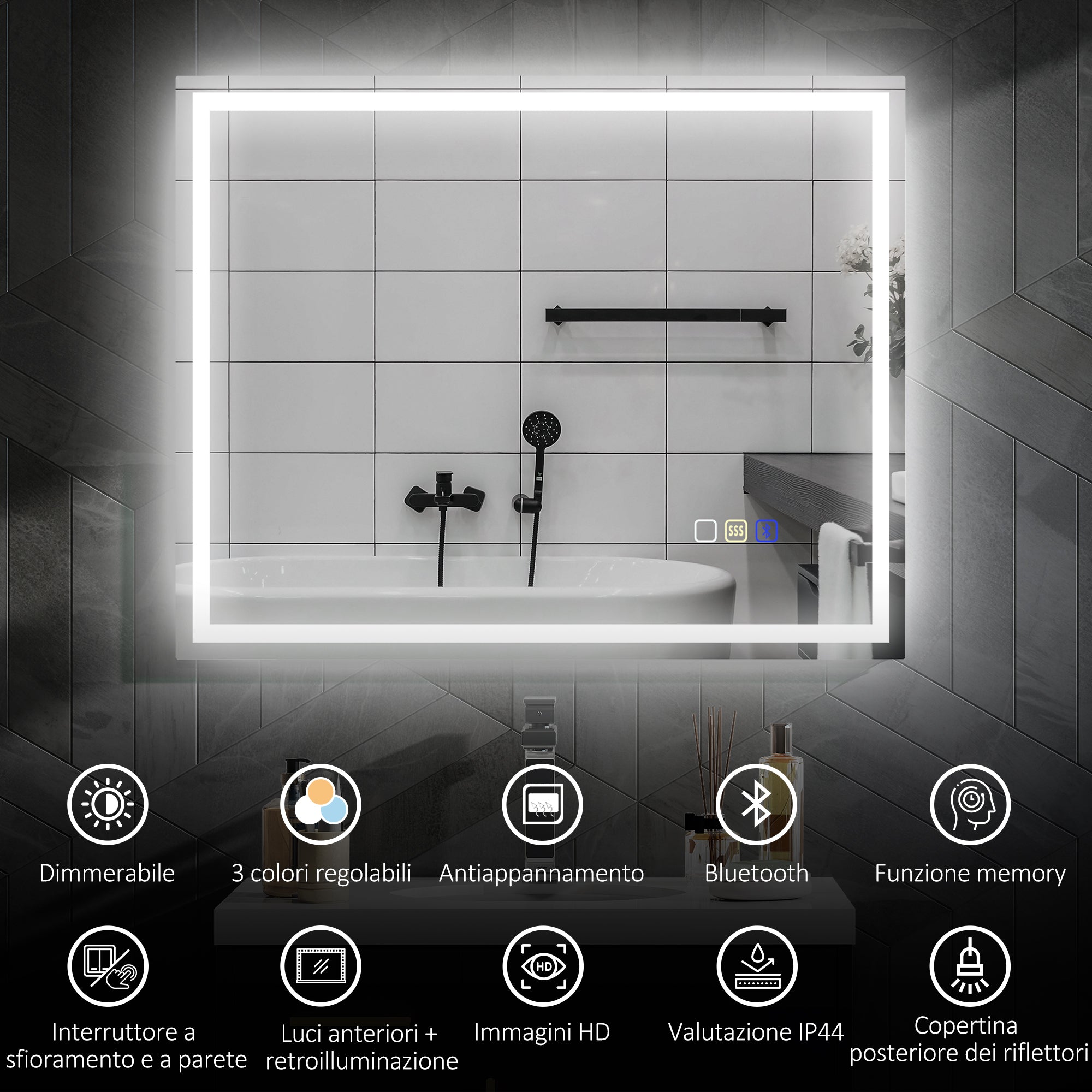 Specchio Bagno da Parete LED Antiappannamento 80x100 cm Speaker Bluetooth e Pulsanti Touch in Vetro Temperato