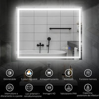 Specchio Bagno da Parete LED Antiappannamento 80x100 cm Speaker Bluetooth e Pulsanti Touch in Vetro Temperato