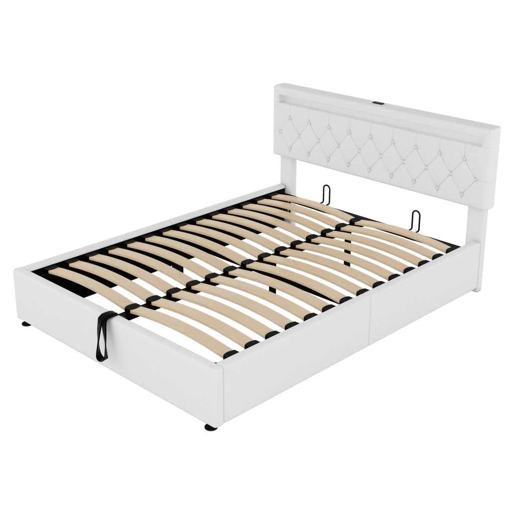 Letto imbottito 160 × 200 cm con contenitore, led, usb e usb-c, senza materasso, bianco