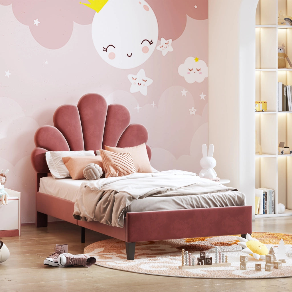 Letto Singolo 90 x 200 cm; 1 Posto con Testiera a Fiore; senza Materasso; Imbottito; Rosso