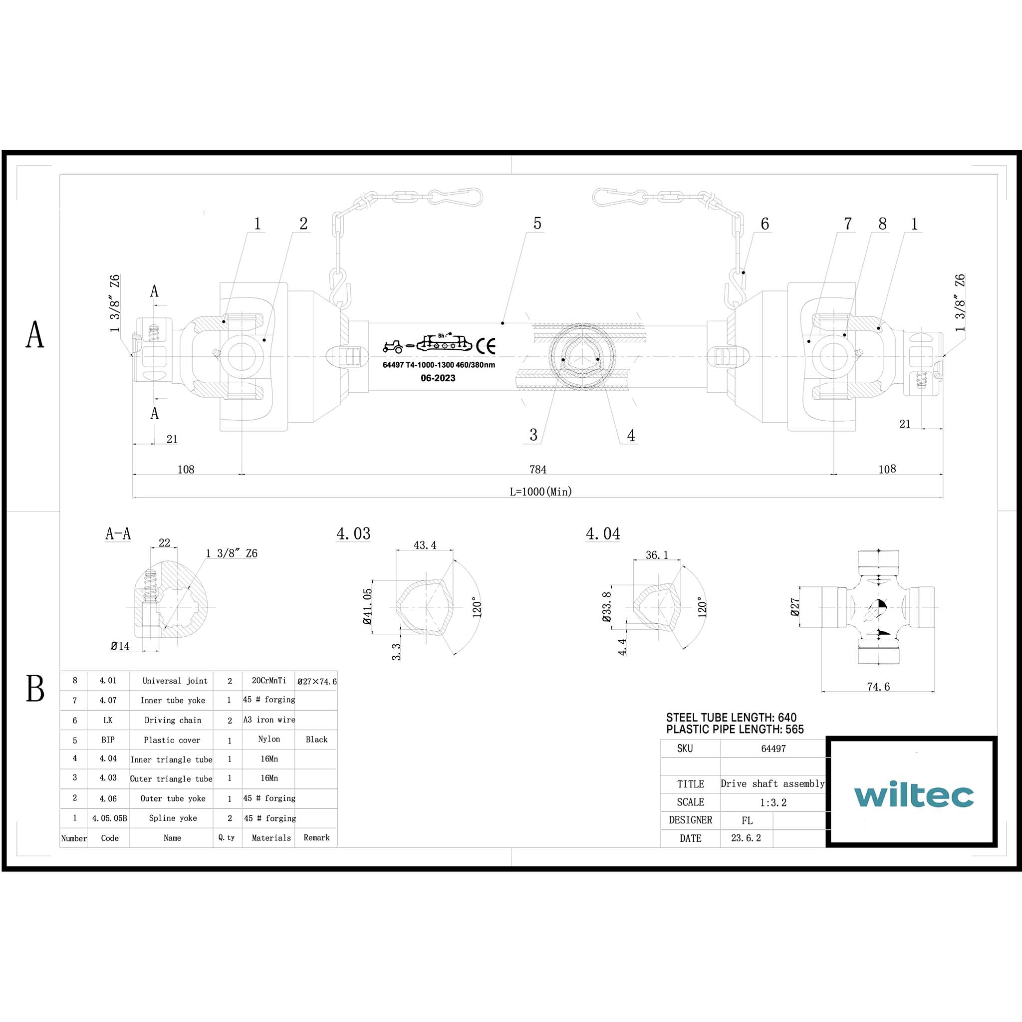 Albero cardanico T4 Giunto cardanico 1000-1100mm 460Nm 540rpm Cardano 40kW (55CV) 2x 1 3/8" 6 denti