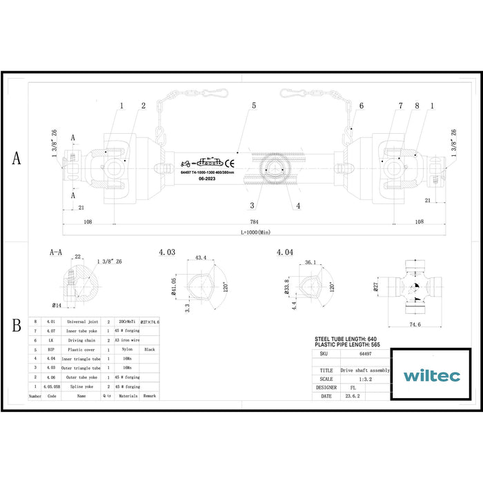 Albero cardanico T4 Giunto cardanico 1000-1100mm 460Nm 540rpm Cardano 40kW (55CV) 2x 1 3/8" 6 denti