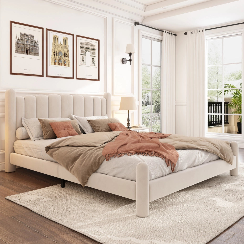 Letto imbottito 180x200 cm in velluto beige con testiera ondulata e rete a doghe