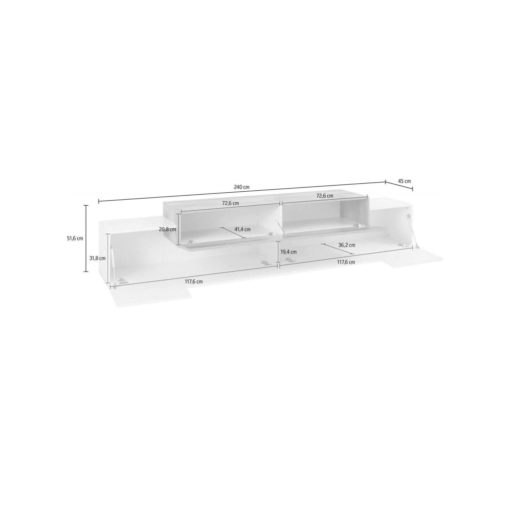 Mobile da soggiorno Porta Tiche, Made in Italy, Supporto per Tiche da salotto a 3 ante e ripiani, cm 240x45h52, Bianco lucido e Acero