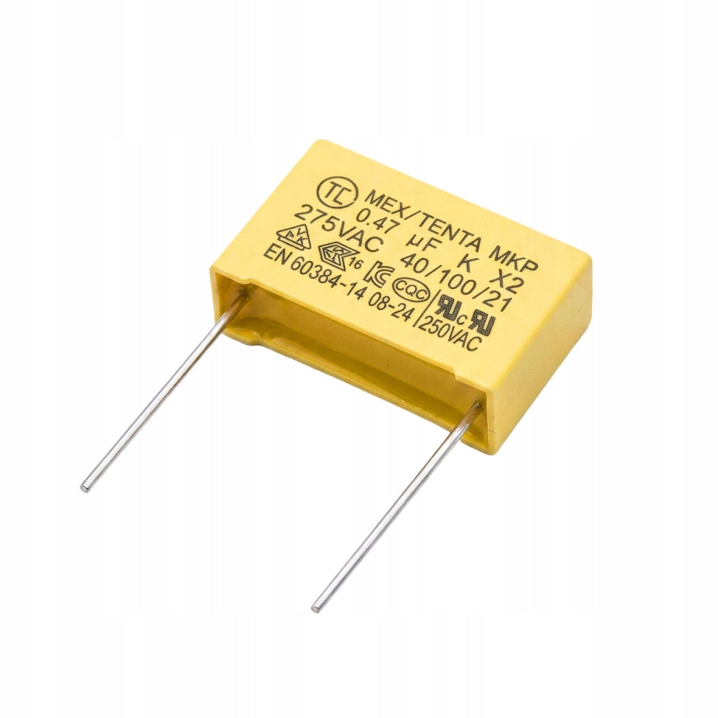 Condensatore MKP X2 0.47uF 275V AC – Polipropilene Metalizzato, Alta Affidabilità | Dimensioni Compatte 8x16x26 mm