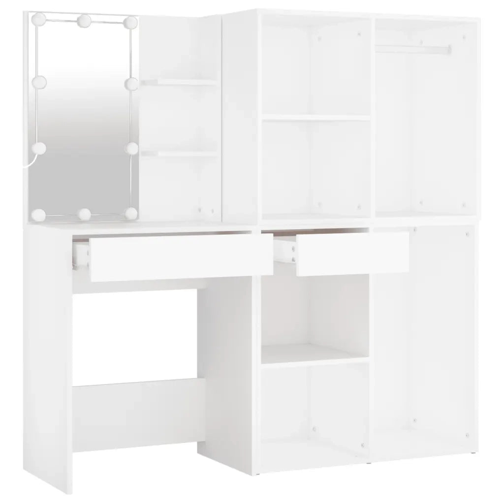 Toeletta | Tavolo da Trucco LED con 2 Armadietti in Legno Multistrato Bianco