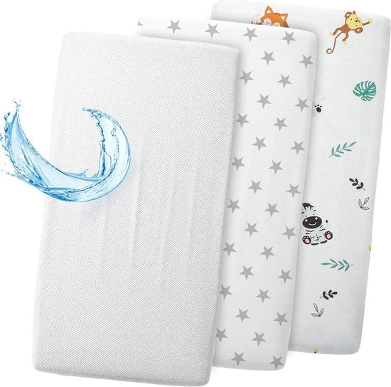 Set di protezione per lettino da viaggio per bambini - 2 copri lettino e protettori di materasso impermeabili - lenzuolo 120x60 cm - bianco safari