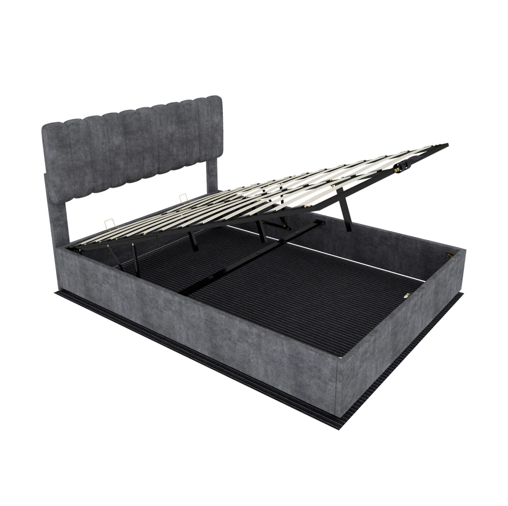 Letto 140x200 cm grigio con testiera alta; tessuto e metallo