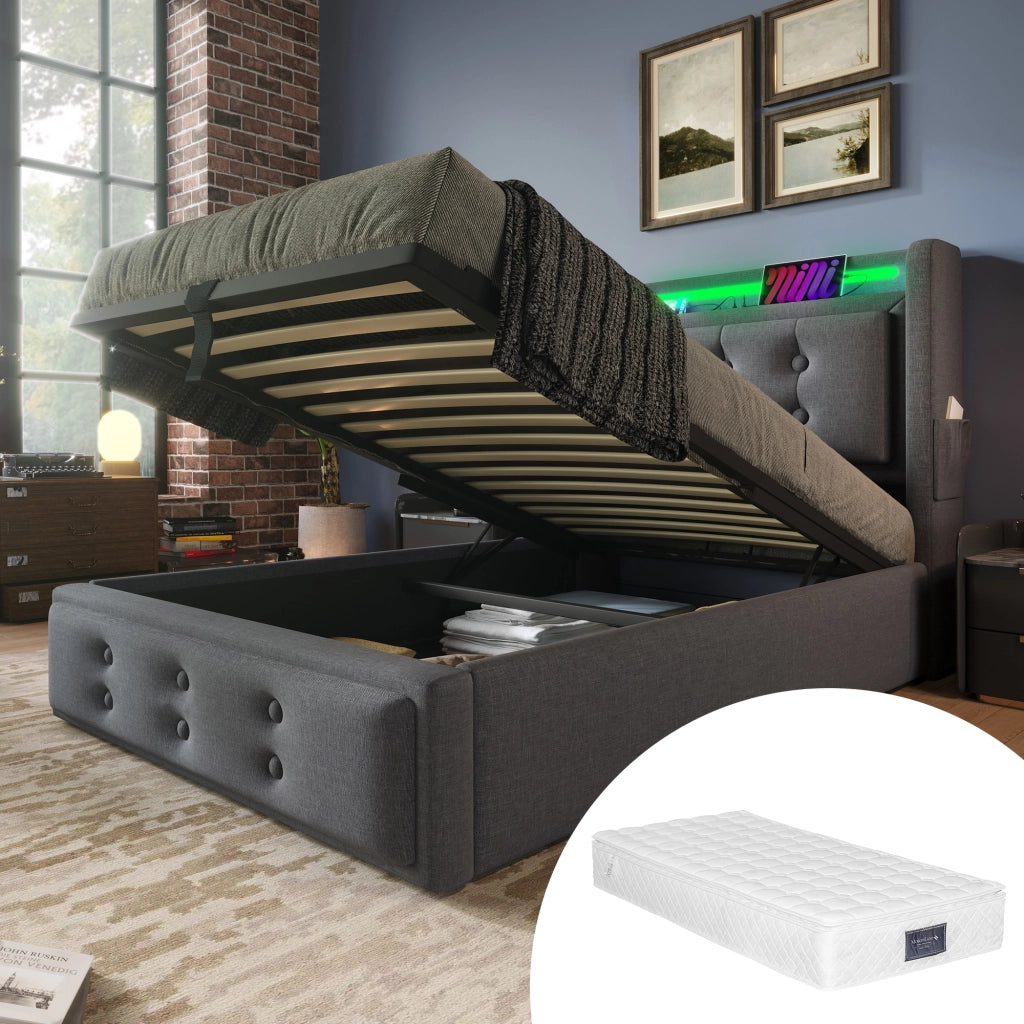 LETTO 90x200 cm con testiera LED e USB, cotone-lino grigio, materasso incluso