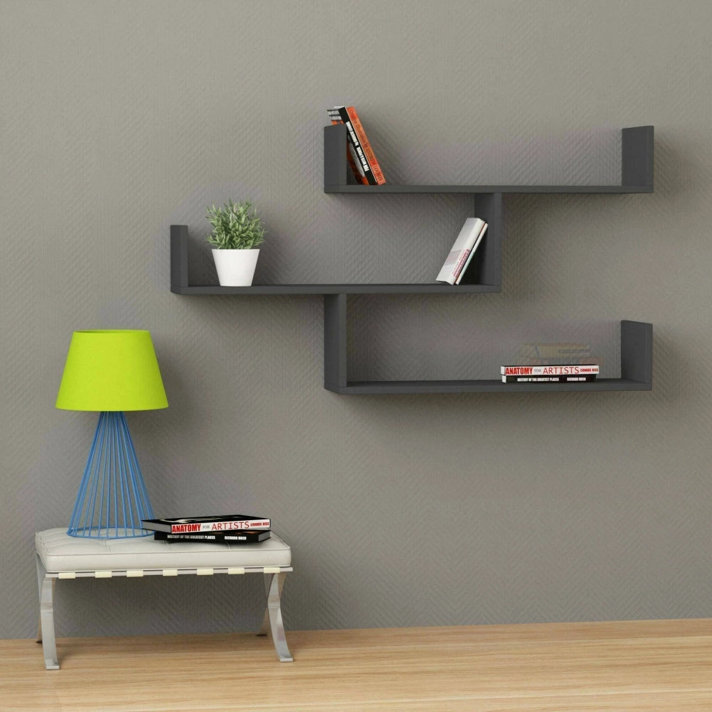Mensola Amang, Scaffale, Ripiano a muro, Scaffalatura multiuso, 122x22h67 cm, Antracite