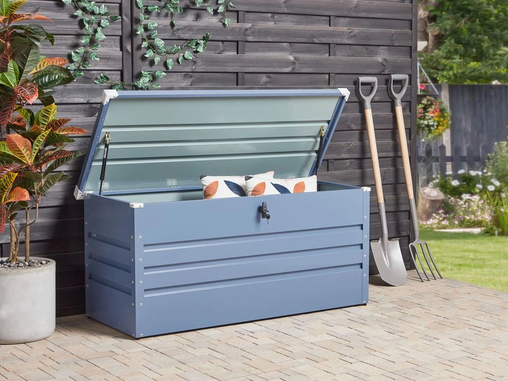 Cassapanca da esterno in acciaio zincato blu 132 x 62 cm giardino stile industriale