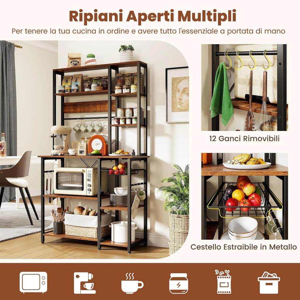 Scaffale da Cucina Salvaspazio, Scaffale a 6 Ripiani per Microonde con Stazione di Ricarica, Ganci a S e Cestino a Rete, Mobile da Cucina per Elettrodomestici, Pentole e Spezie