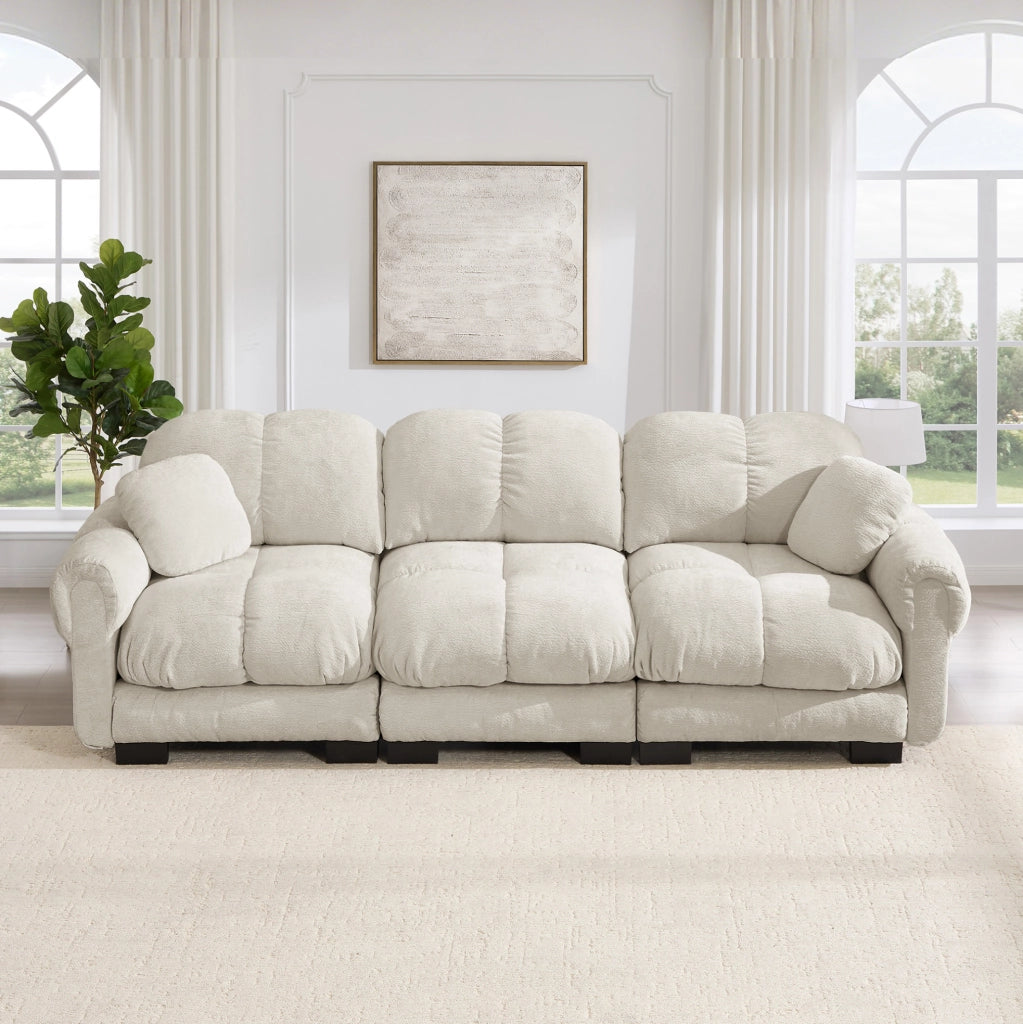 Divano modulare 3 posti 260x86x90 cm in ciniglia con cuscino mobile; kaki chiaro