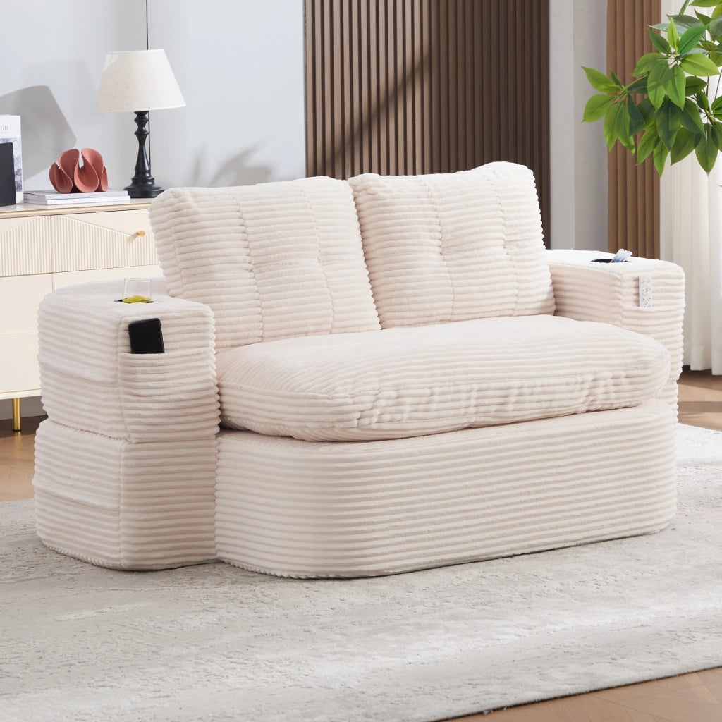 Divano convertibile 2 in 1 con braccioli rimovibili, portabicchieri doppi e schienale alto in velluto a coste beige