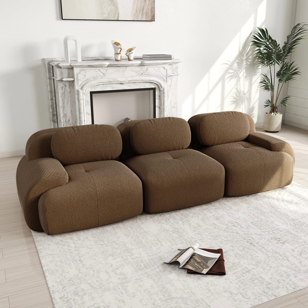 Divano angolare modulare senza montaggio in tessuto effetto velluto con braccioli ergonomici e base antiscivolo marrone