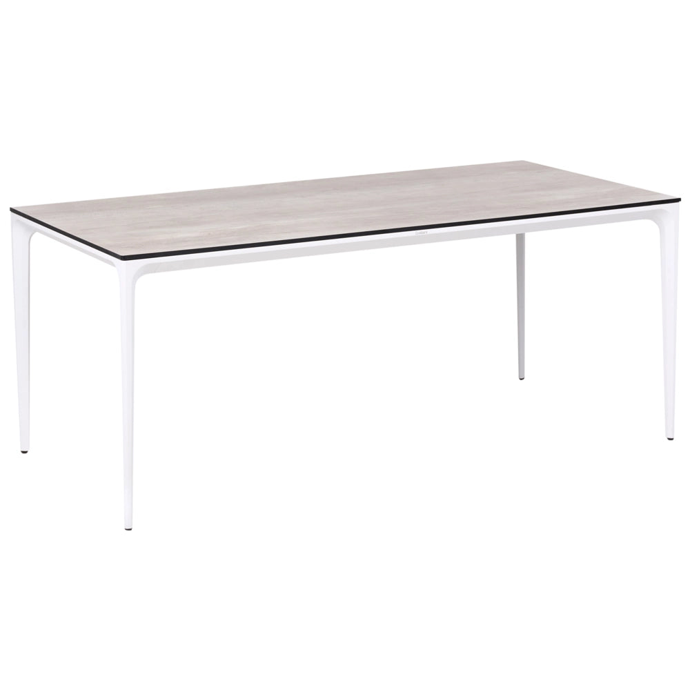 Tavolo da pranzo da giardino Piano in HPL grigio chiaro Telaio in alluminio bianco Resistente ai raggi UV all'acqua e alla ruggine Stile moderno del patio esterno