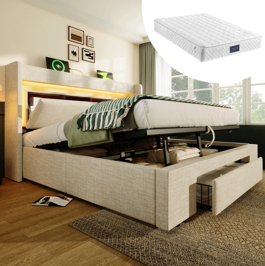 Letto matrimoniale 140x200 cm imbottito con contenitore idraulico; LED; USB e materasso; beige