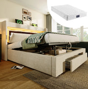 Letto matrimoniale 140x200 cm imbottito con contenitore idraulico; LED; USB e materasso; beige