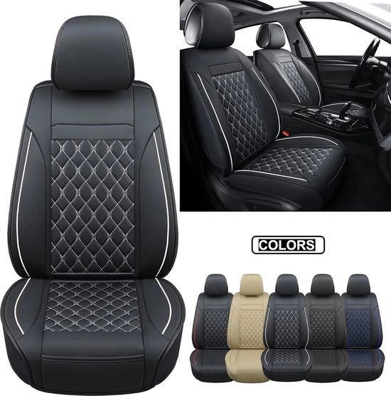 Hoezen per auto per due, forma universale per la maggior parte delle auto, SUV, sedan e pick-up, coperture per sedili in pelle autodotata (per due, nero/bianco)