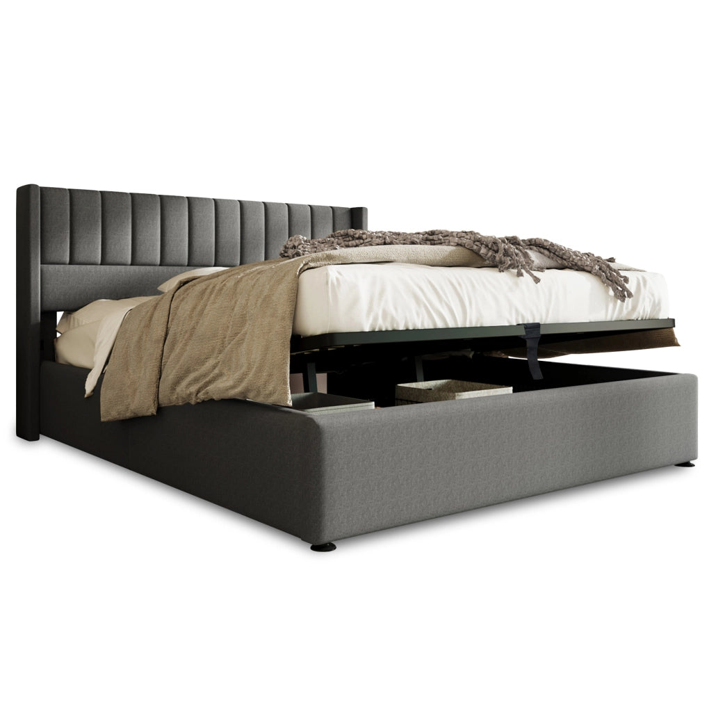Letto matrimoniale imbottito con contenitore 140x200 cm in lino grigio; con testiera e rete sollevabile