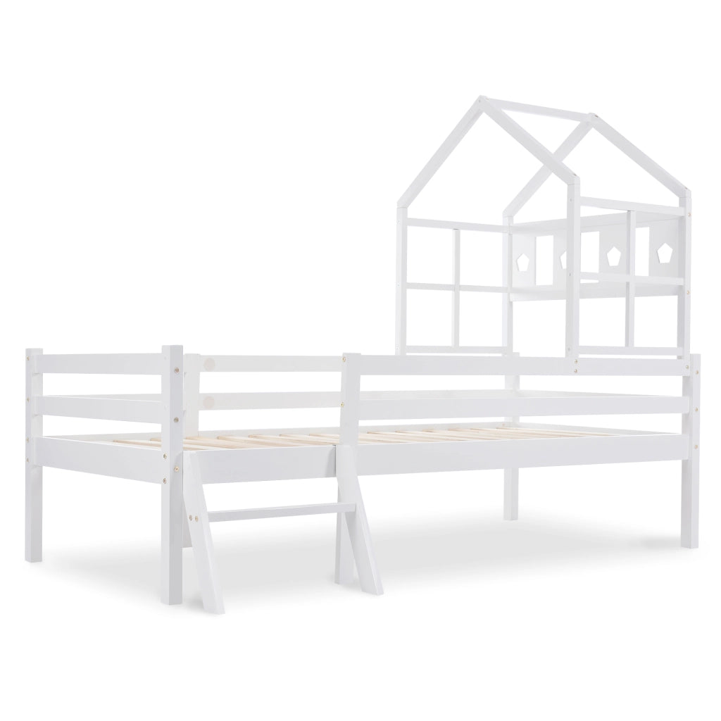 Letto a castello bianco con scala e cassetti in legno massello di pino 90x200 cm