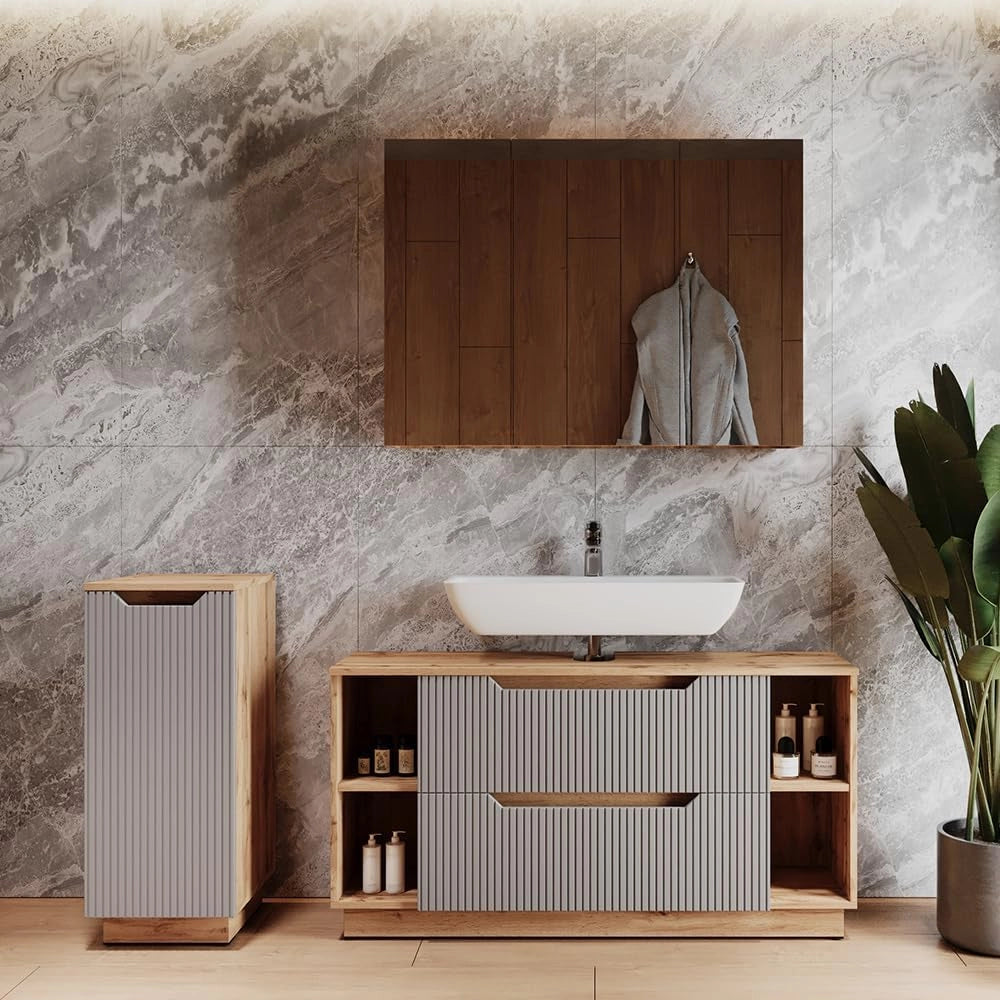 Set di mobili da bagno Lotta, Grigio, 119.2 cm, composto da mobile sottolavabo, specchiera e mobile medio