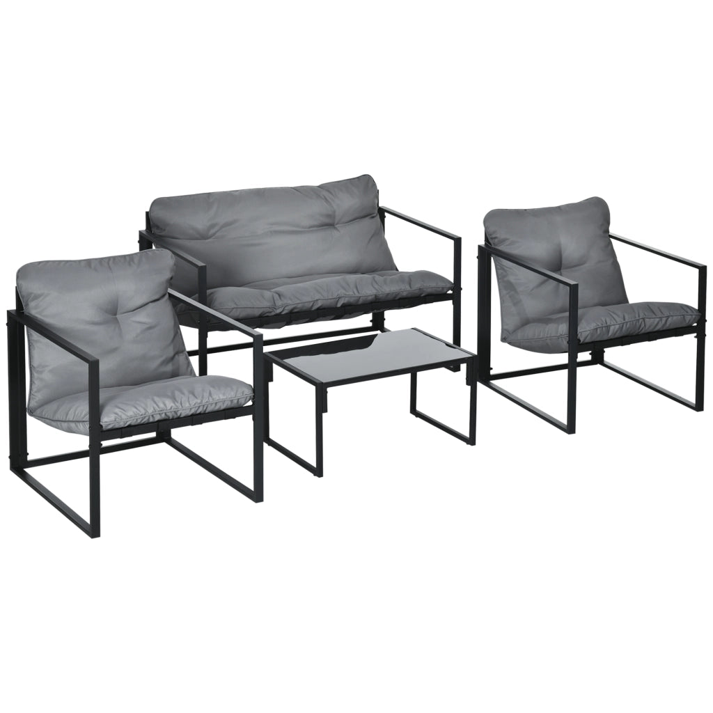 Set da Giardino 4 Pezzi con Divanetto, 2 Poltrone e Tavolino, in Acciaio, Poliestere e Cotone PP, Nero e Grigio