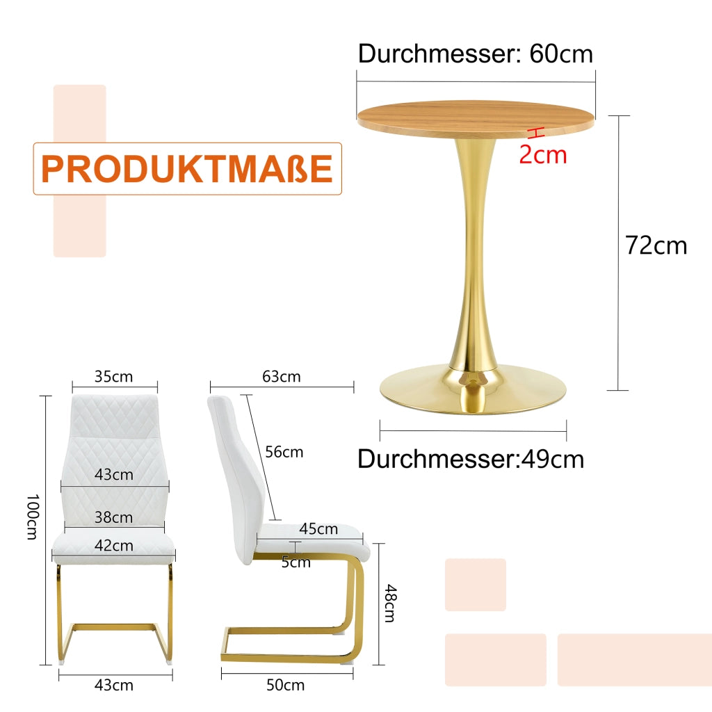 Tavolo da pranzo rotondo con 2 sedie, piano in MDF, base in metallo oro, sedute bianche con motivo a rombi, 60 cm