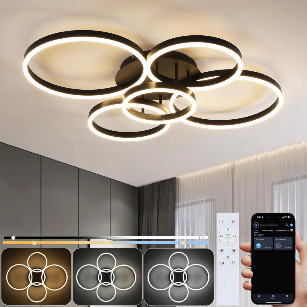 ZMH Lampada da soffitto plafoniera LED 78W nera dimmerabile telecomando 5 anelli per soggiorno camera letto