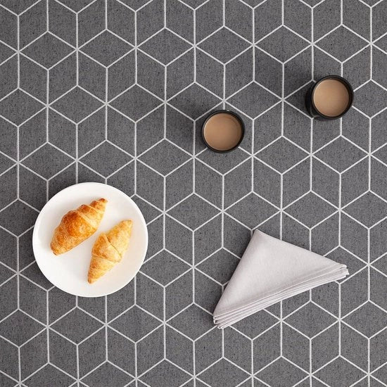Tappeto da tavolo resistentente alle macchie con disegno geometrico a linee antracite, 140 x 240 cm.