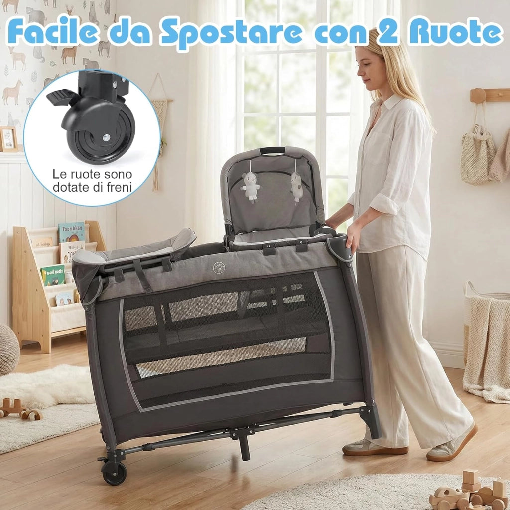Culla Campeggio Bambini 5 in 1, Lettino Viaggio Neonati Pieghevole con Materasso, Fasciatoio e Tettoia, Box Portatile con Ruote, 2 Giocattoli Appesi e Carillon, per Bambini 0-3 Anni (Grigio)