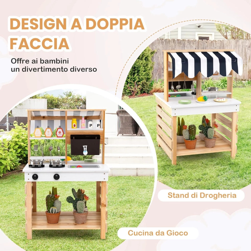 Cucina Giochi in Legno a Doppia Faccia, Cucina Giocattolo con Fornelli, Lavandino, Vaschetta per l'Acqua, Rubinetto, Set di Cucina per Esterni con Tetto, per Bambini dai 3+ Anni