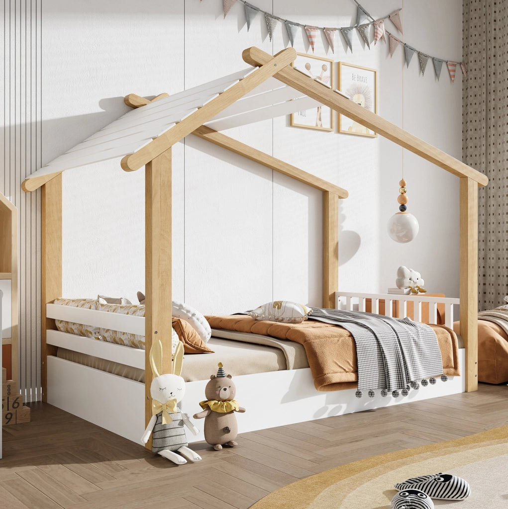 Letto singolo per bambini a casetta 90x200 cm bianco naturale