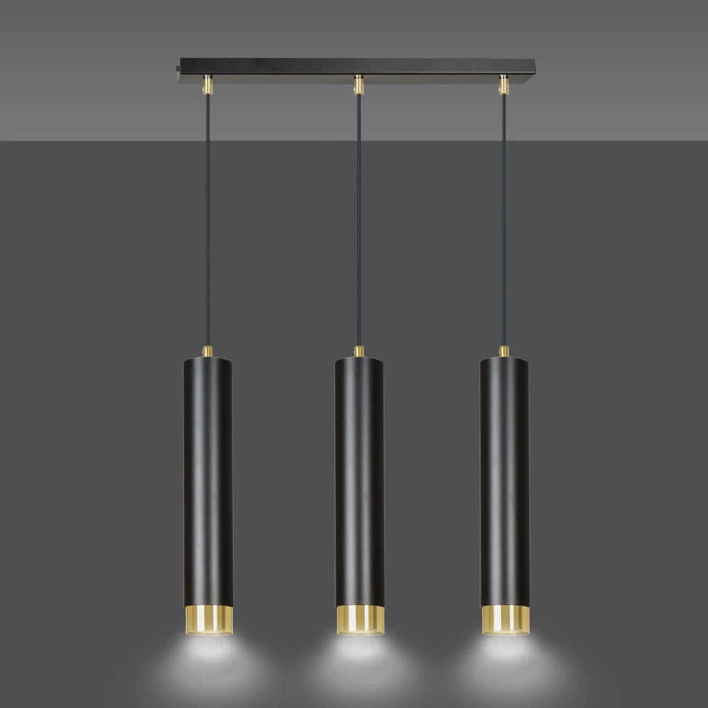 Lampadario 3 Luci Brunilde In Acciaio Nero E Tubolari In Nero E Oro