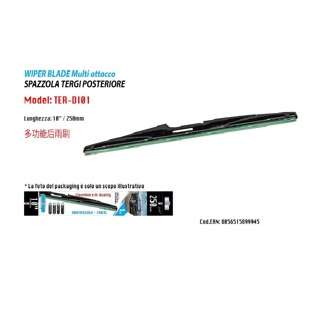 Trade Shop - Spazzola Tergi Posteriore Universale 10" / 250mm 10 Adattatori Ricambio Per Auto -