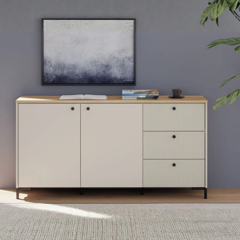 Madia Unit 2 ante e 3 cassetti cannettato L 152.80 x P 41.9 x H 79 cm. colore cashmere con top rovere