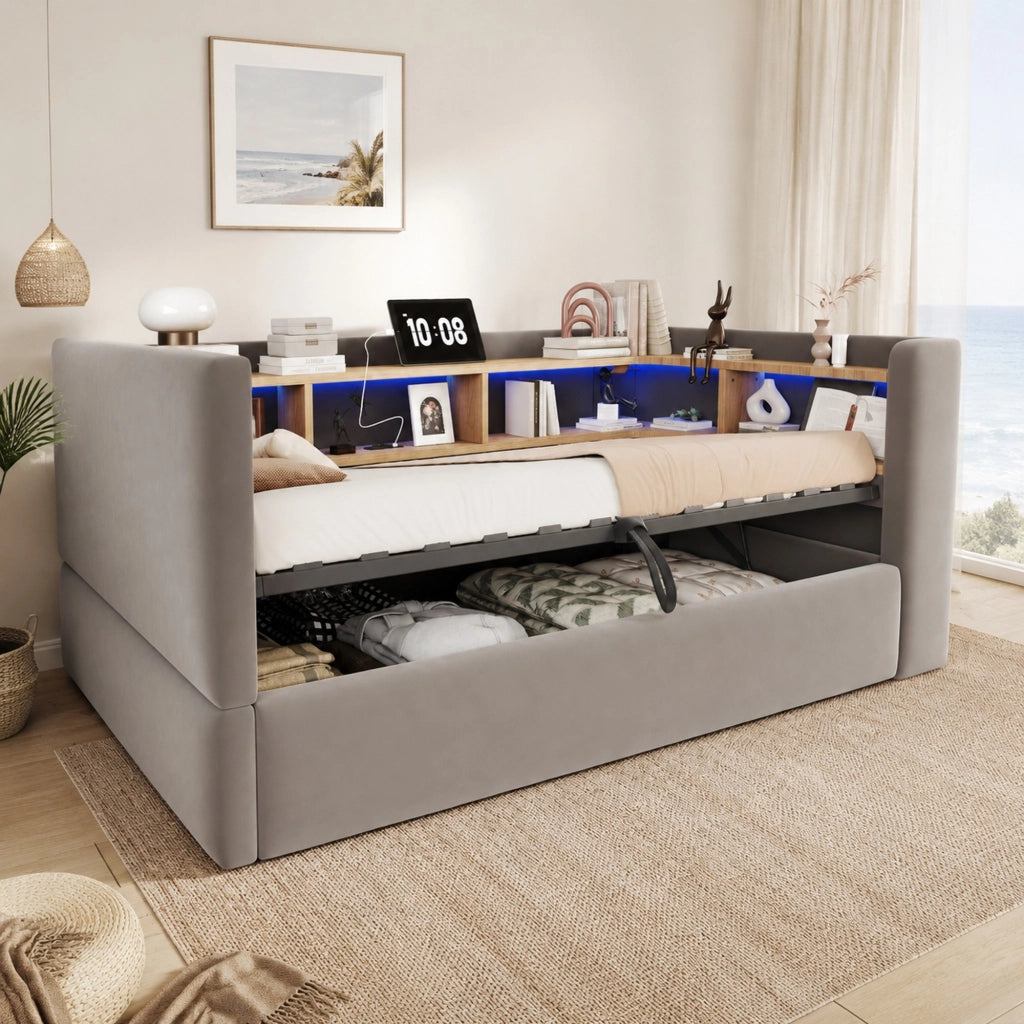 Letto singolo 90×190 cm con contenitore idraulico; LED; prese e ripiani; senza materasso; flanella; grigio scuro
