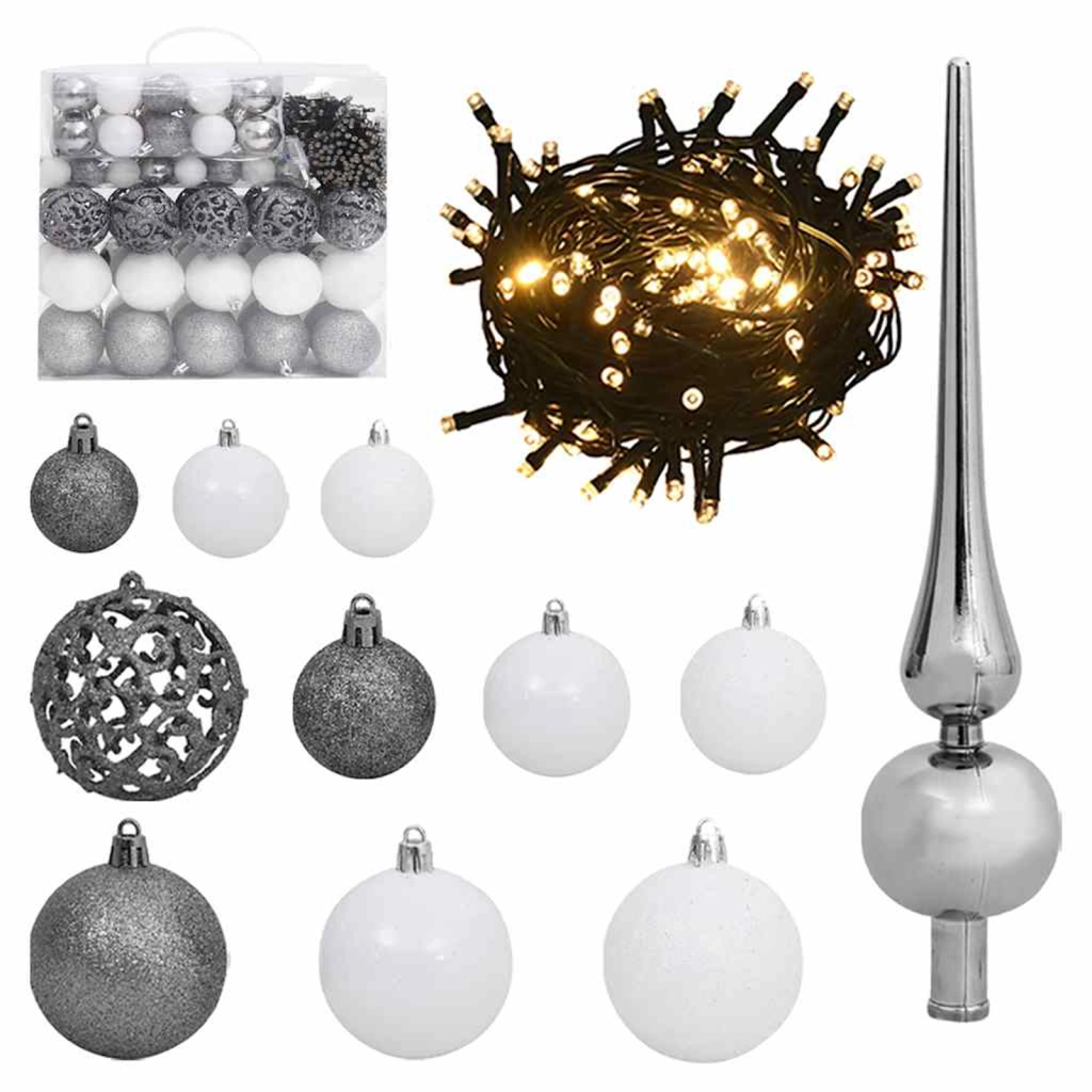 Albero di Natale sottile con 300 LED & Set di palline & Neve imbiancata Verde 240 cm